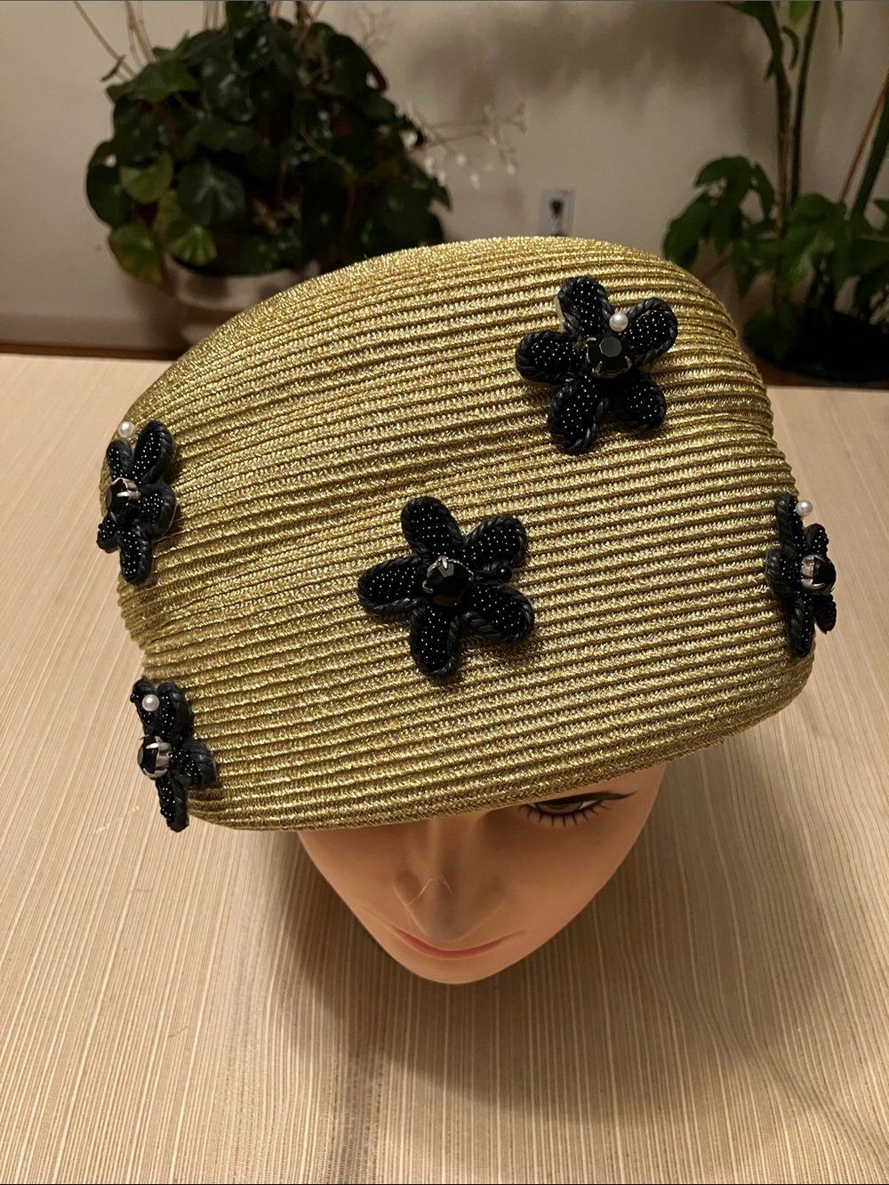 Chic Metallic Straw Cloche Hat with Black Beaded Flower Accents - Picture 2 of 5